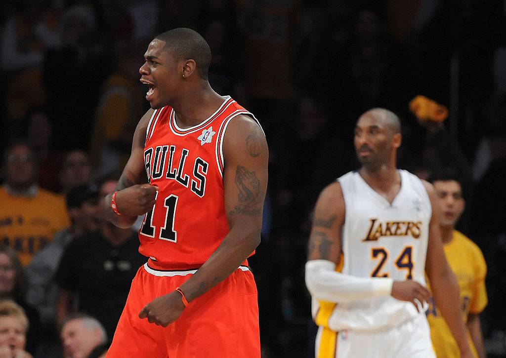 Ronnie Brewer of the Chicago Bulls celebrates defeating the Los Angeles Lakers.