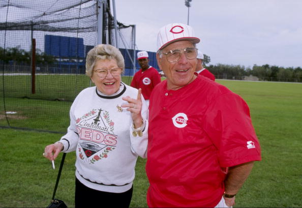 Manager Jack McKeon talks with Reds owner Marge Schott during Spring Training.