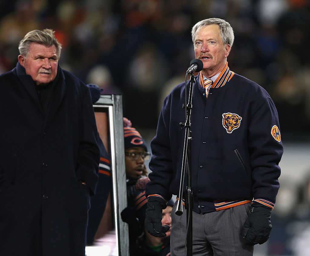 Chairman George McCaskey of the Chicago Bears speaks during a number retirement ceremony for Mike Ditka.