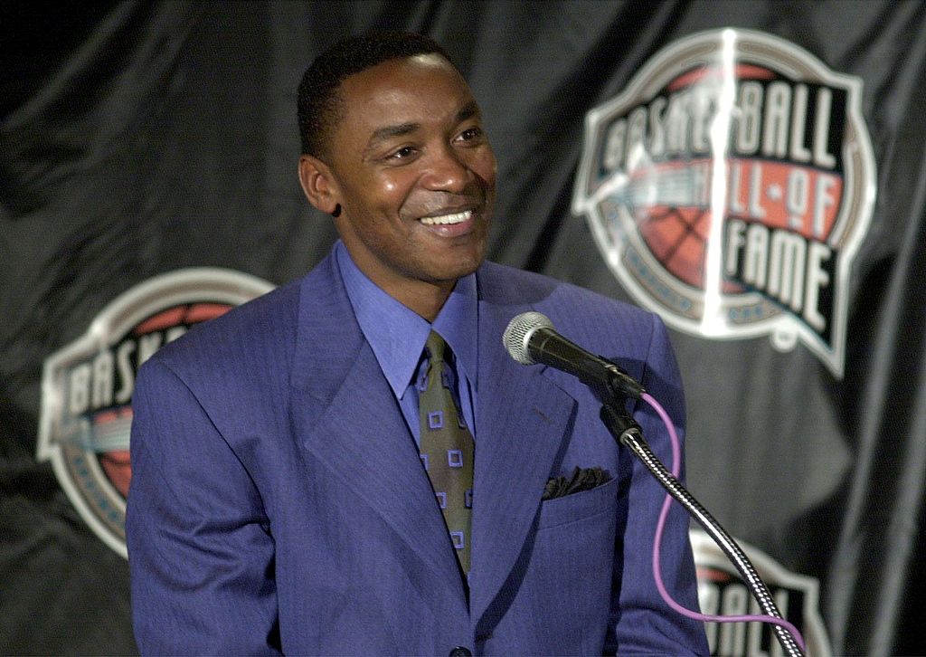 Isiah Thomas talks to reporters at the Palace of Auburn Hills.