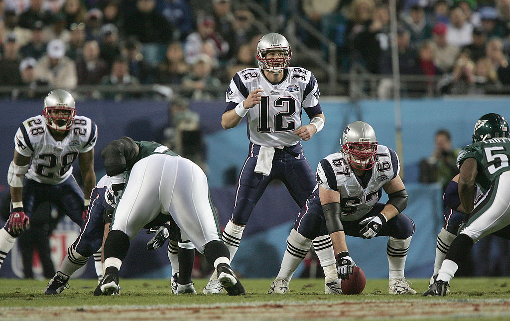 Tom Brady of the New England Patriots starts the play during Super Bowl XXXIX against the Philadelphia Eagles.