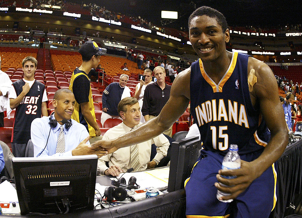 Ron Artest of the Indiana Pacers greets former teammate Reggie Miller.