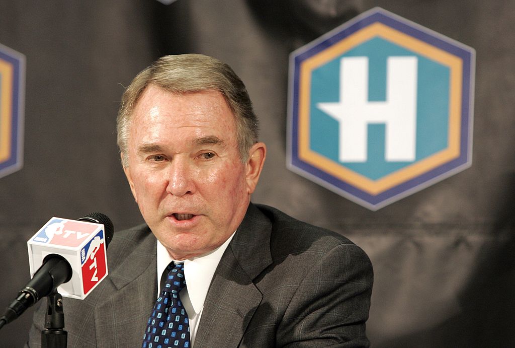 Owner George Shinn of the New Orleans Hornets talks to the media before the first game to be played since Hurricane Katrina.