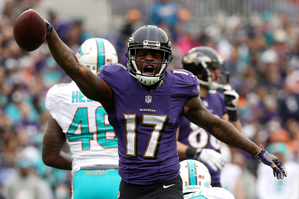 Wide receiver Mike Wallace of the Baltimore Ravens reacts after making a catch against the Miami Dolphins | Patrick Smith/Getty Images