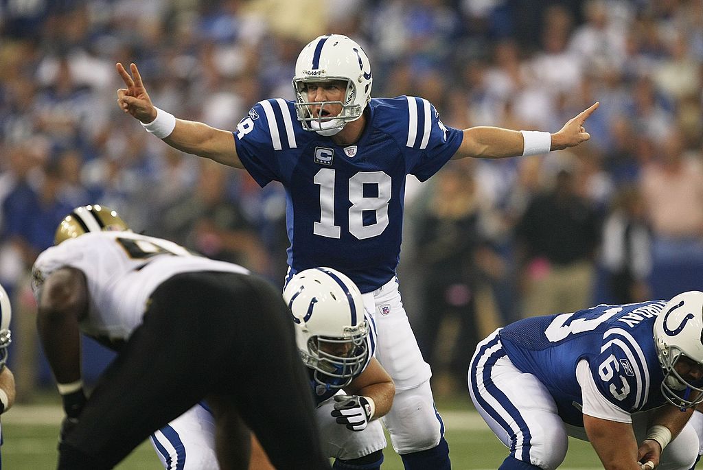 Quarterback Peyton Manning of the Indianapolis Colts calls an audible against the New Orleans Saints