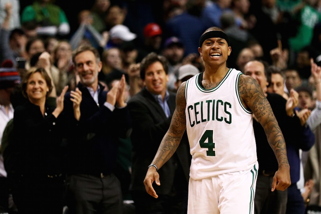 Isaiah Thomas is pumped up after making a three.