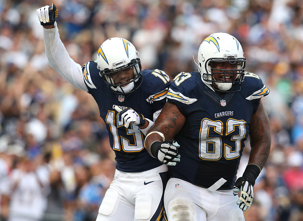 Wide receiver Keenan Allen and guard Johnnie Troutman of the San Diego Chargers celebrate after Allen's score.