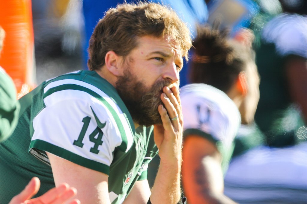 Ryan Fitzpatrick of the New York Jets sits on the bench.