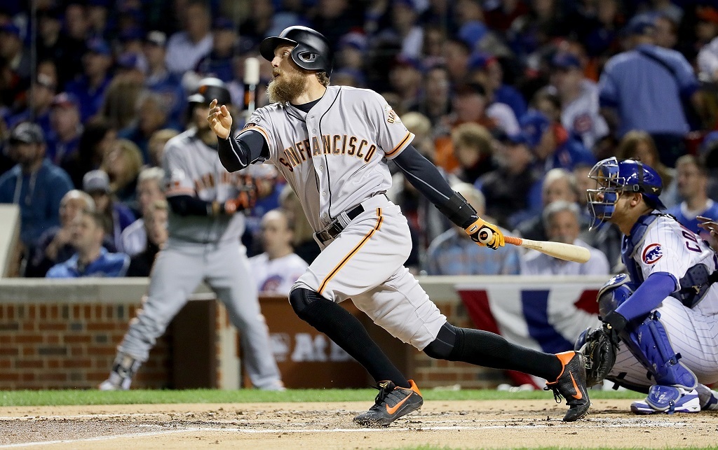 Hunter Pence hits a single in the second inning against the Chicago Cubs. I Jonathan Daniel/Getty Images