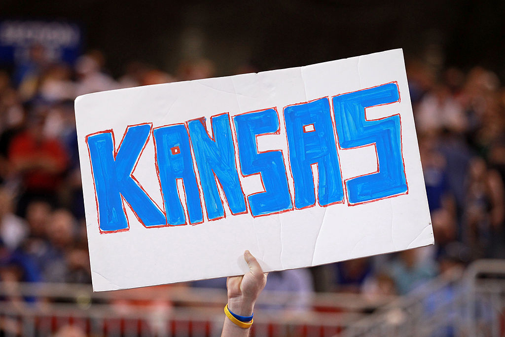 A fan of the Kansas Jayhawks shows support. 