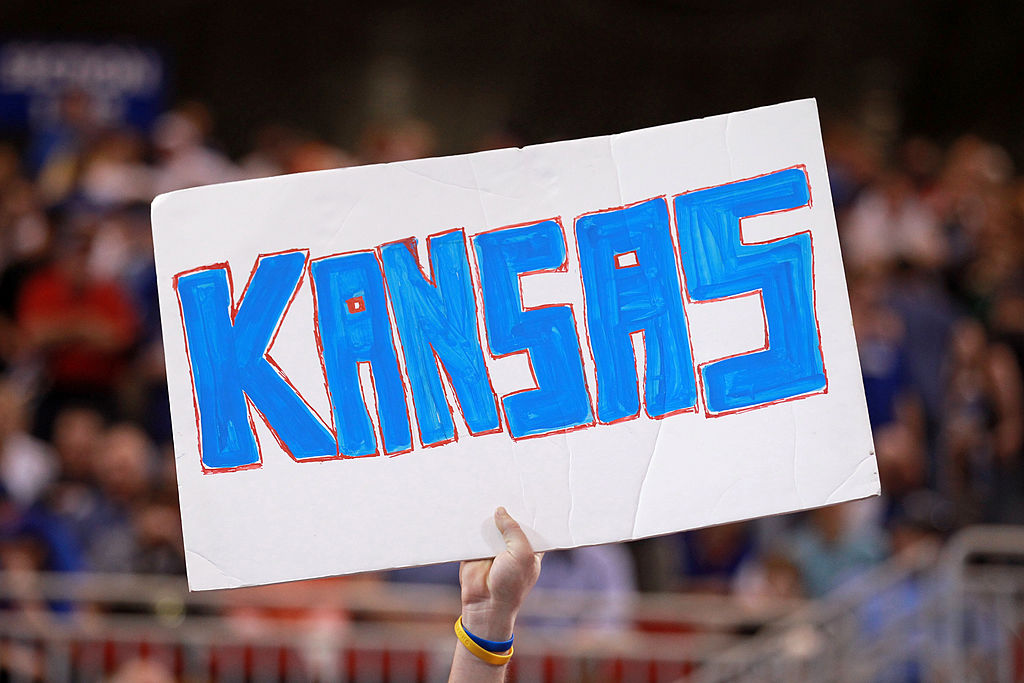 A fan of the Kansas Jayhawks shows support.