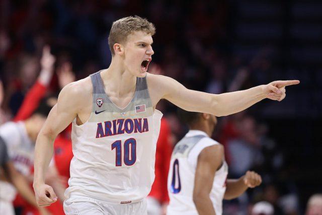 Lauri Markkanen #10 of the Arizona Wildcats reacts after hitting a triple.