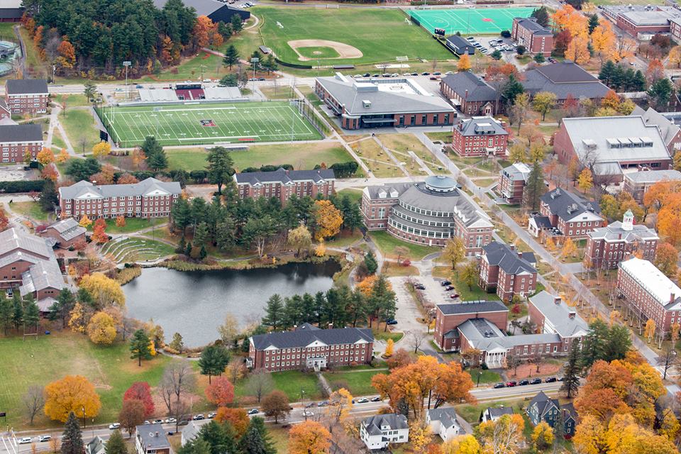 An aerial view of Bates College