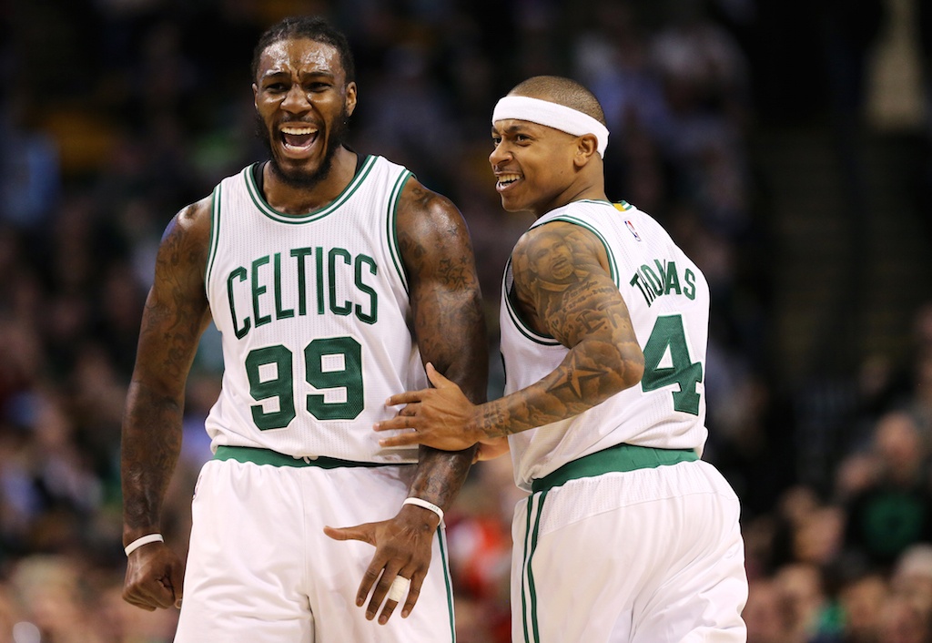 Jae Crowder #99 and Isaiah Thomas #4 are all smiles. Jae Crowder #99 of the Boston Celtics and Isaiah Thomas #4 of the Boston Celtics celebrate.