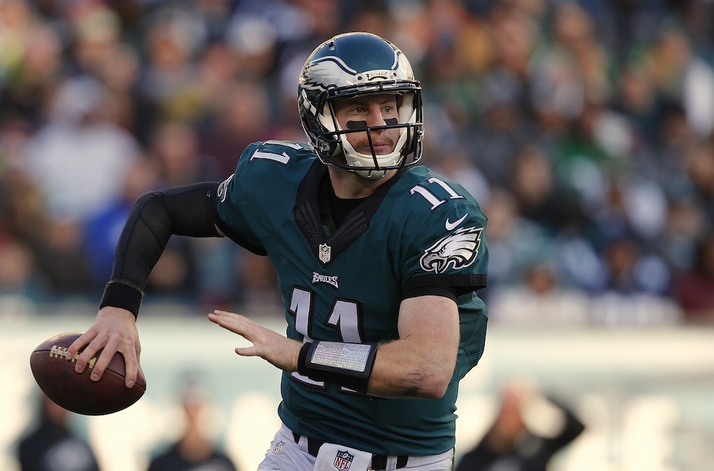 Carson Wentz of the Philadelphia Eagles looks to pass.