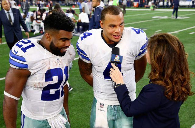 Ezekiel Elliott and Dak Prescott speak to the media after a win.