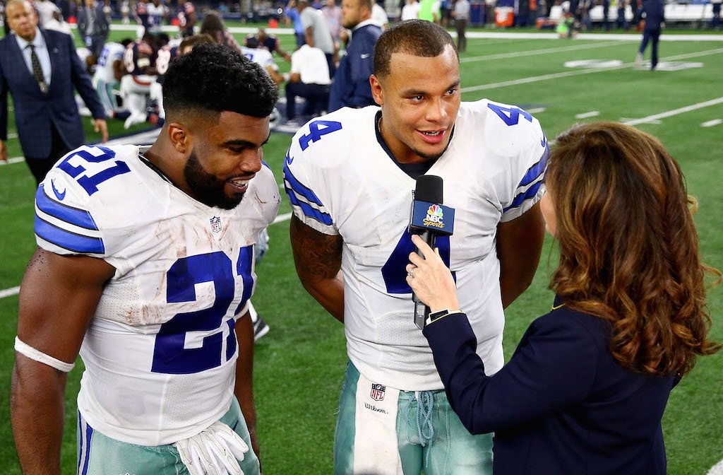 Ezekiel Elliott and Dak Prescott speak to the media after a win.