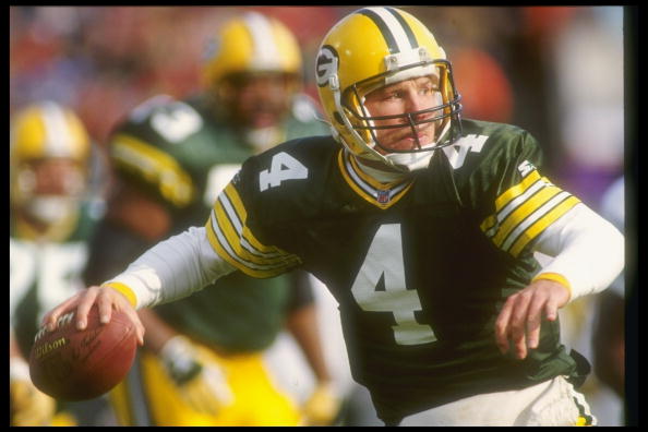 Quarterback Brett Favre of the Green Bay Packers looks to pass the ball during a game against the Philadelphia Eagles.
