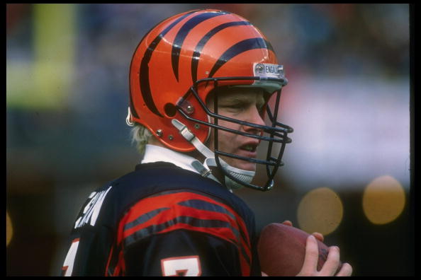 Quarterback Boomer Esiason of the Cincinnati Bengals looks on during a game against the Washington Redskins.