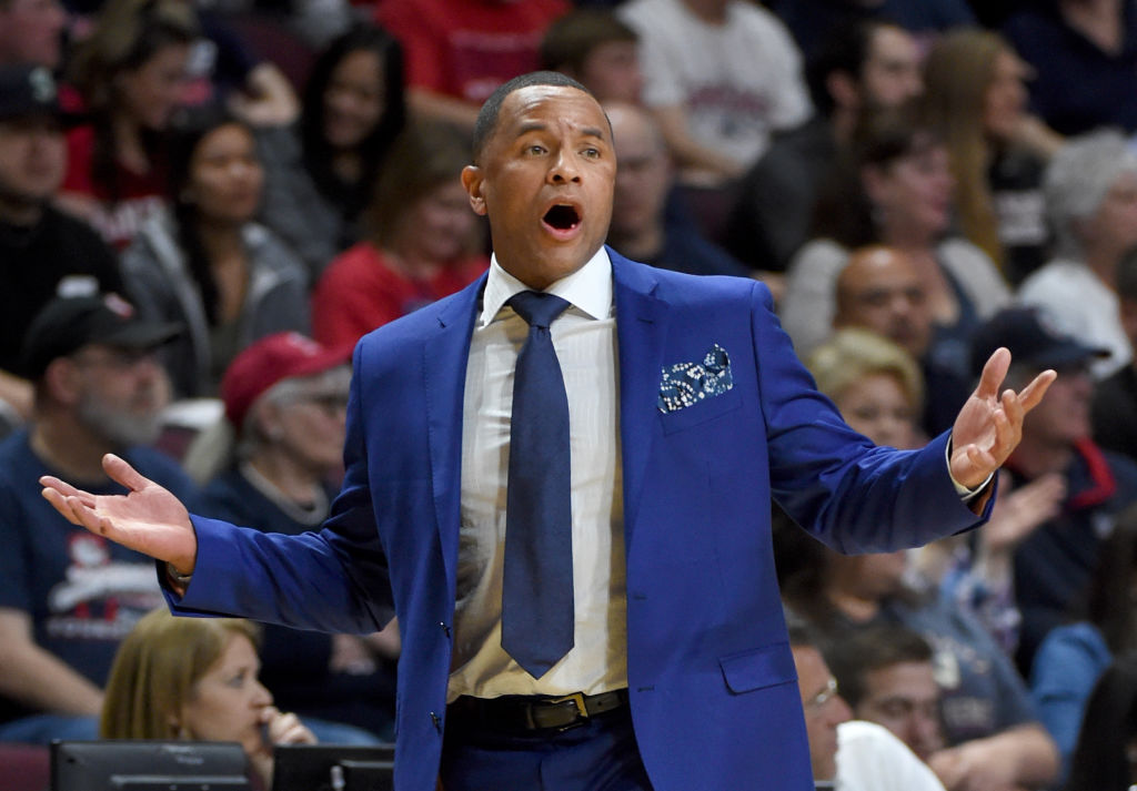 Head coach Damon Stoudamire of the Pacific Tigers reacts during a game against the Gonzaga Bulldogs.