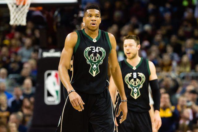 Giannis Antetokounmpo #34 of the Milwaukee Bucks pauses on the court.