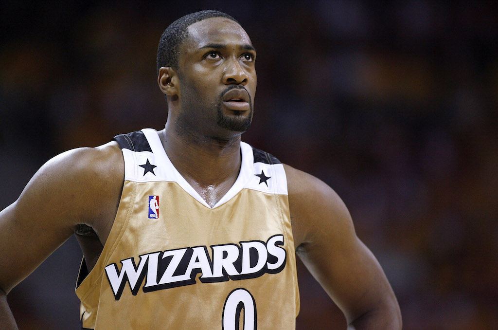 Gilbert Arenas looks on during a game against the Cavs.
