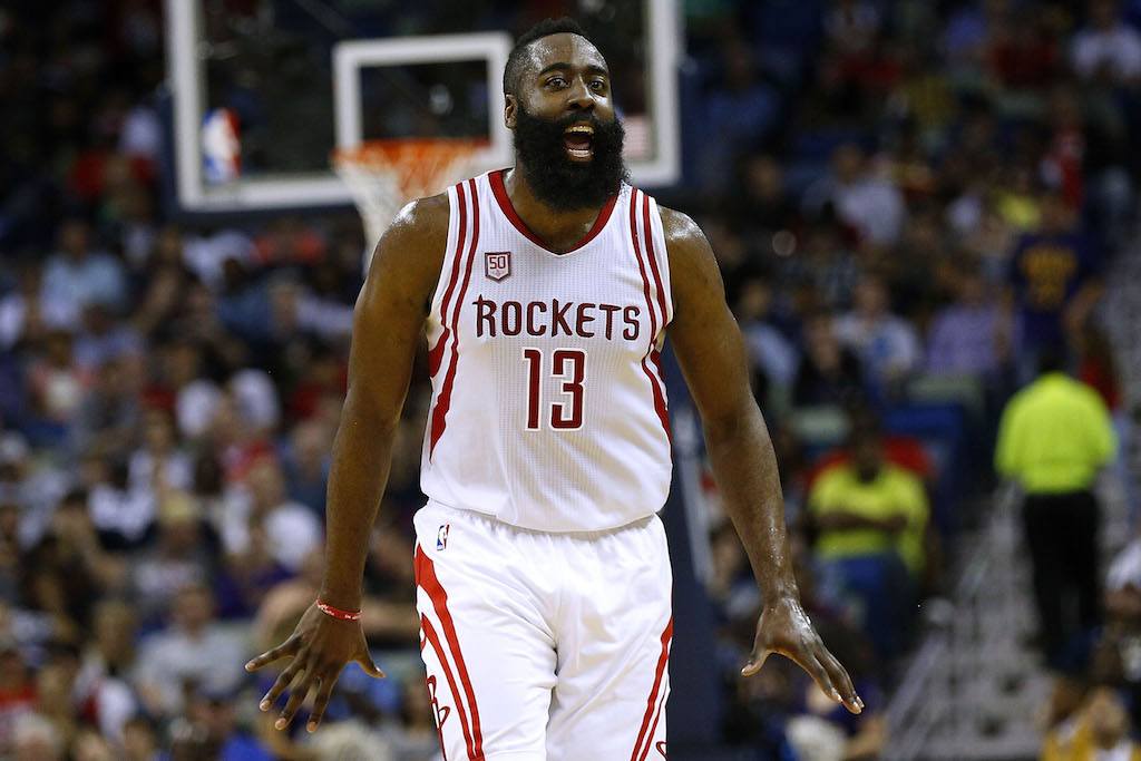 James Harden #13 of the Houston Rockets reacts during a game against the New Orleans Pelicans