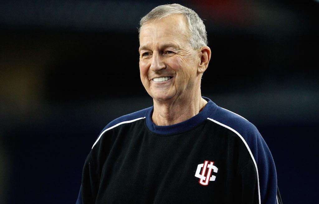 Jim Calhoun looks on during practice.
