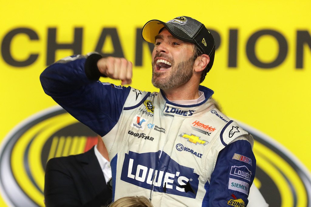 Jimmie Johnson, driver of the #48 Lowe's Chevrolet, celebrates in Victory Lane.