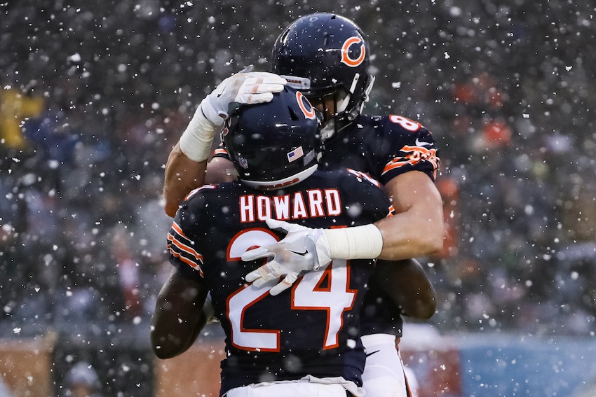 The Chicago Bears celebrate a touchdown.
