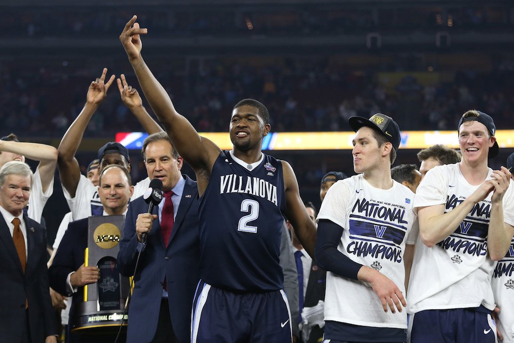 Kris Jenkins and Villanova celebrate a national championship.