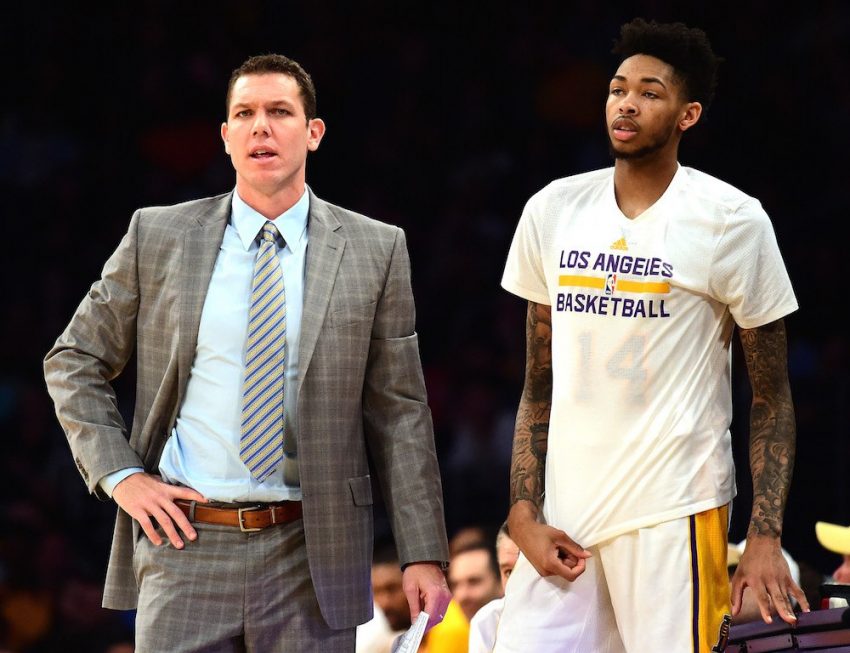 Luke Walton of the Los Angeles Lakers and Brandon Ingram look on during the game.
