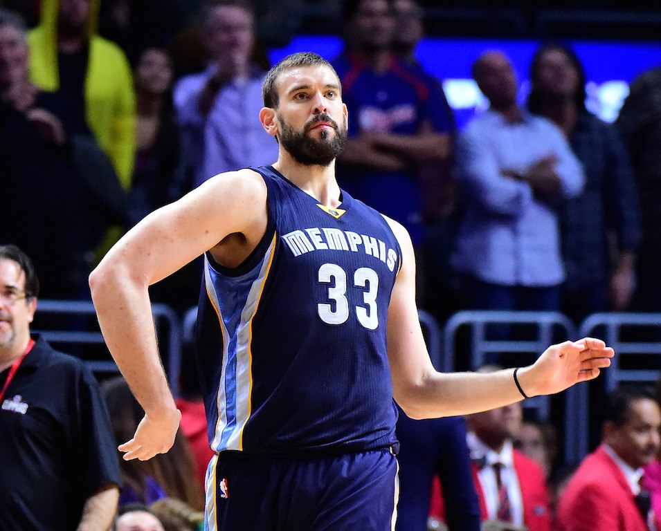 Marc Gasol celebrates knocking down a three-pointer.