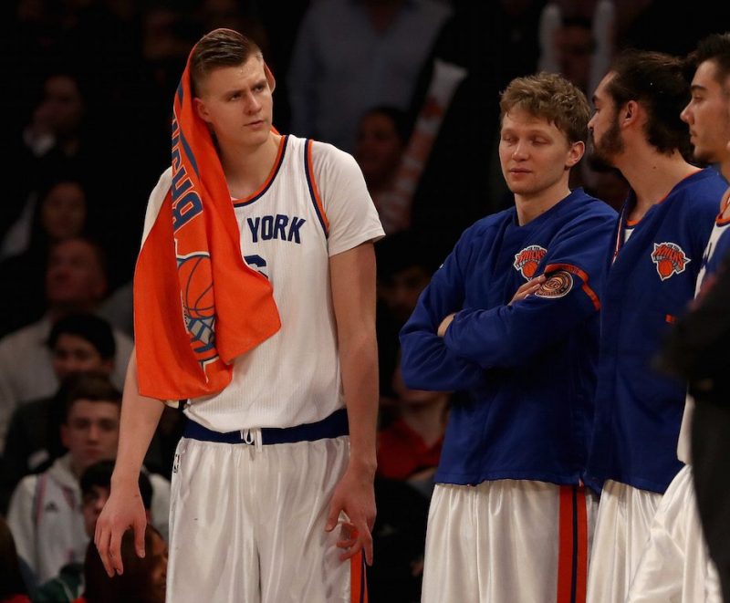 New York's Kristaps Porzingis reacts to a call.