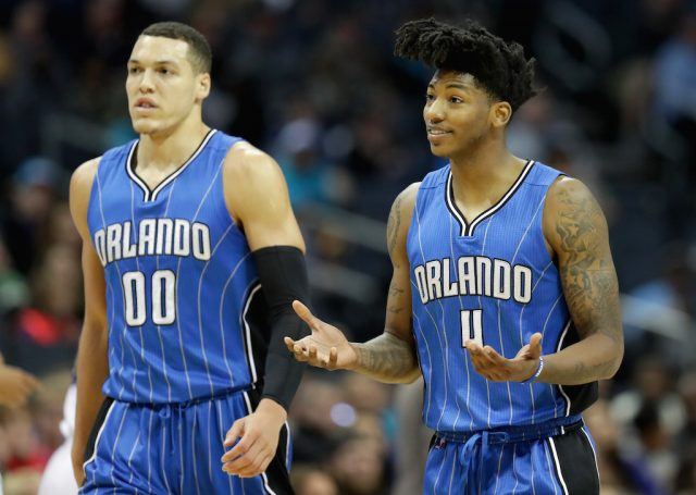 Teammates Aaron Gordon and Elfrid Payton react after a call.