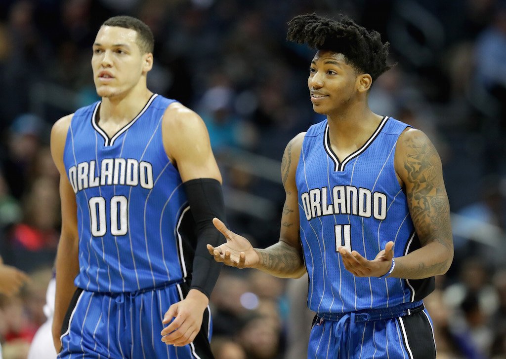 Teammates Aaron Gordon and Elfrid Payton react after a call.