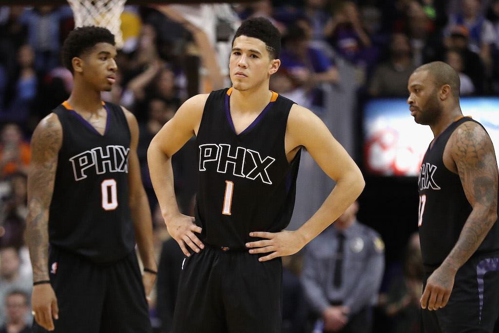Devin Booker of the Phoenix Suns shows his dissatisfaction.