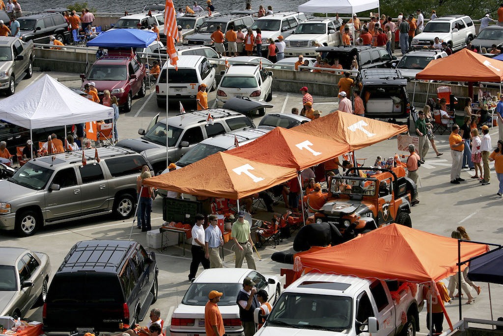 Tennessee fans tailgate outside of Neyland Stadium.