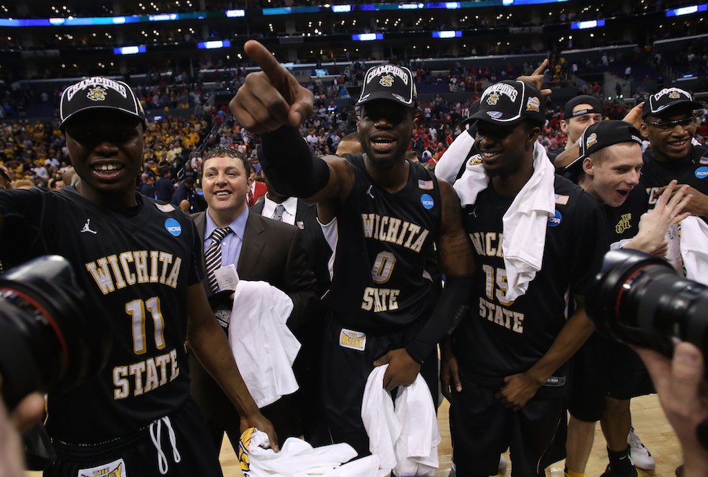 Wichita State players celebrate a berth in the Final Four.