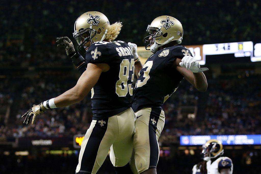 The New Orleans Saints celebrate a touchdown.