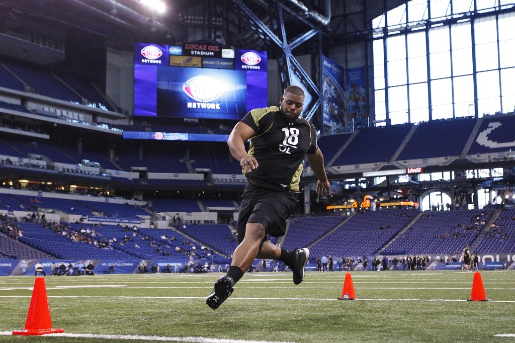Offensive lineman Cordy Glenn of Georgia participates in a drill during the 2012 NFL Combine.