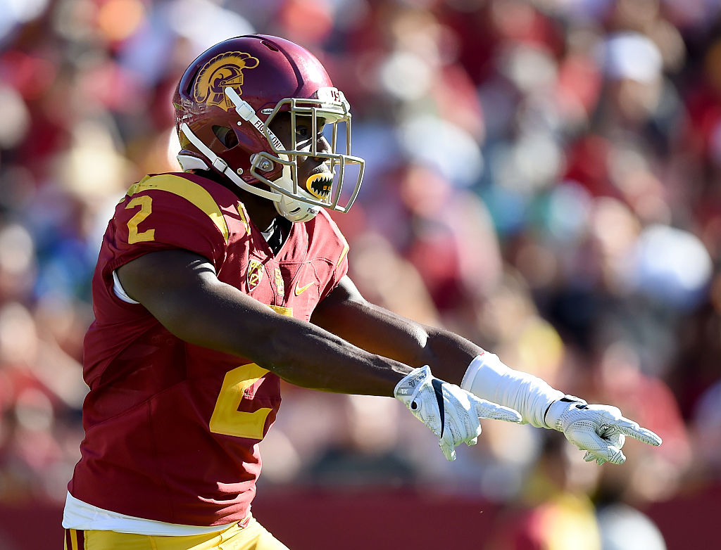 Adoree' Jackson of the USC Trojans reacts during a punt return. 