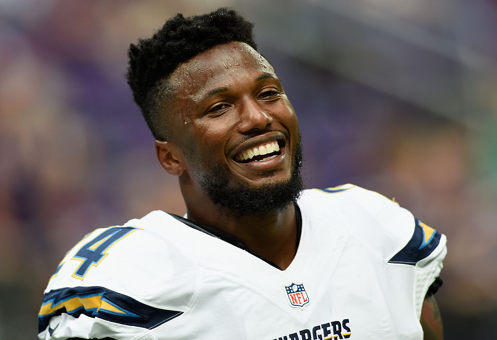 Brandon Flowers of the San Diego Chargers laughs on the sideline.