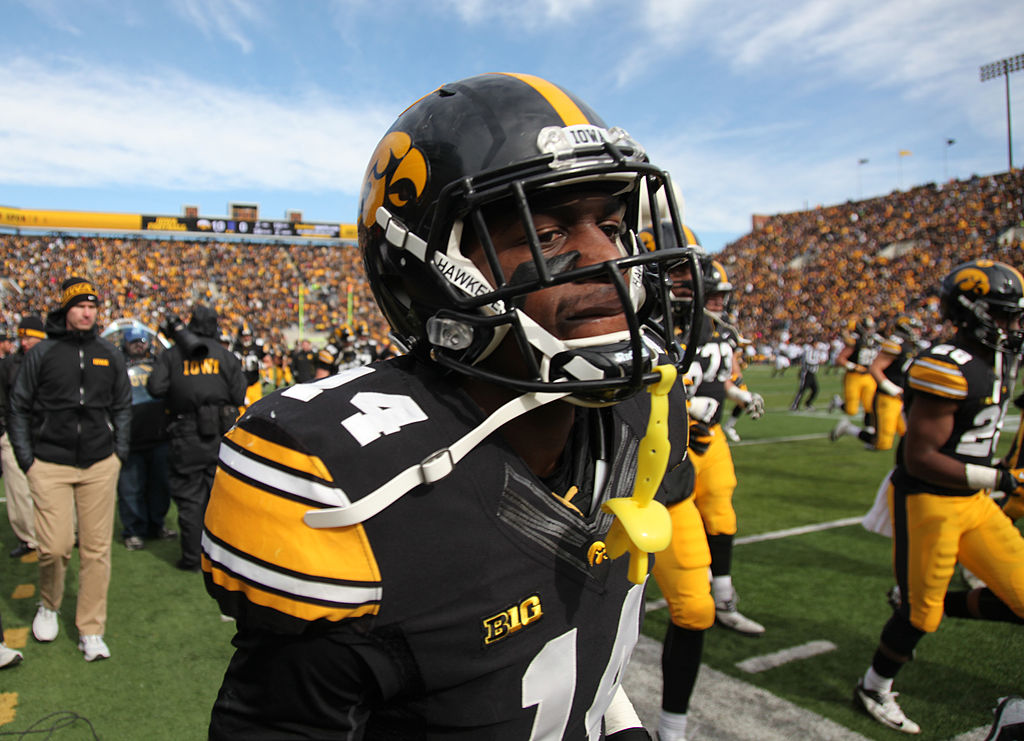 Defensive back Desmond King of the Iowa Hawkeyes heads to the locker room.