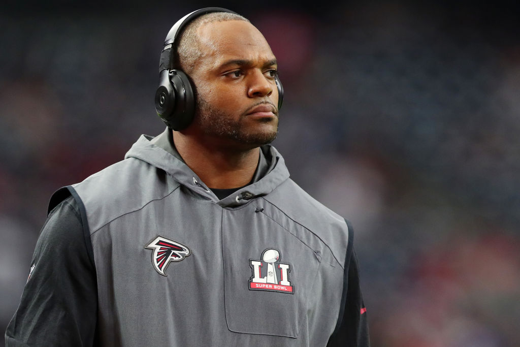 Dwight Freeney of the Atlanta Falcons looks on prior to Super Bowl 51. 