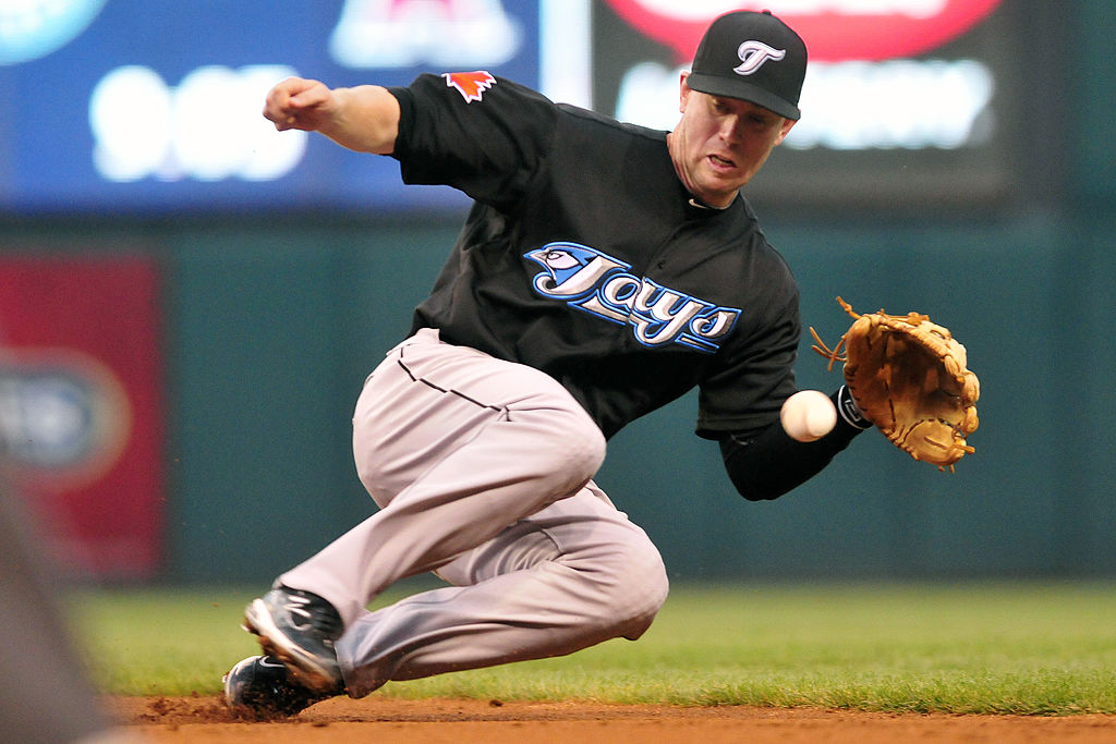 Second baseman Aaron Hill of the Toronto Blue Jays catches a ground ball.