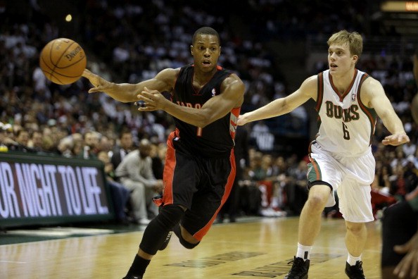 Kyle Lowry of the Toronto Raptors passes the basketball during a game against the Milwaukee Bucks.