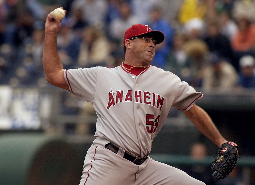 Brendan Donnelly of the Anaheim Angels throws against the Kansas City Royals.