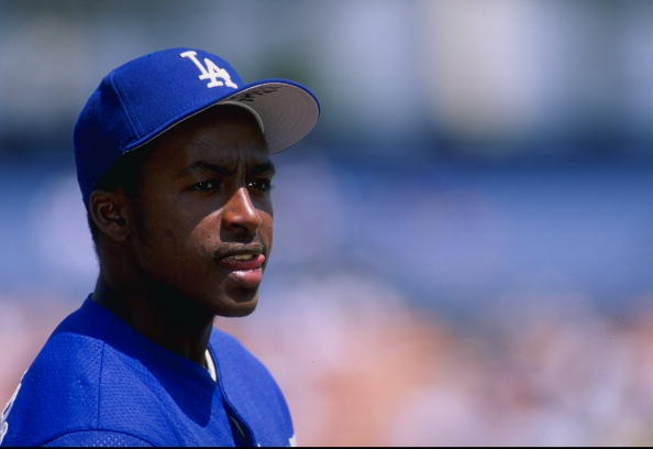 Infielder Wilton Guerrero of the Los Angeles Dodgers watches the action. 