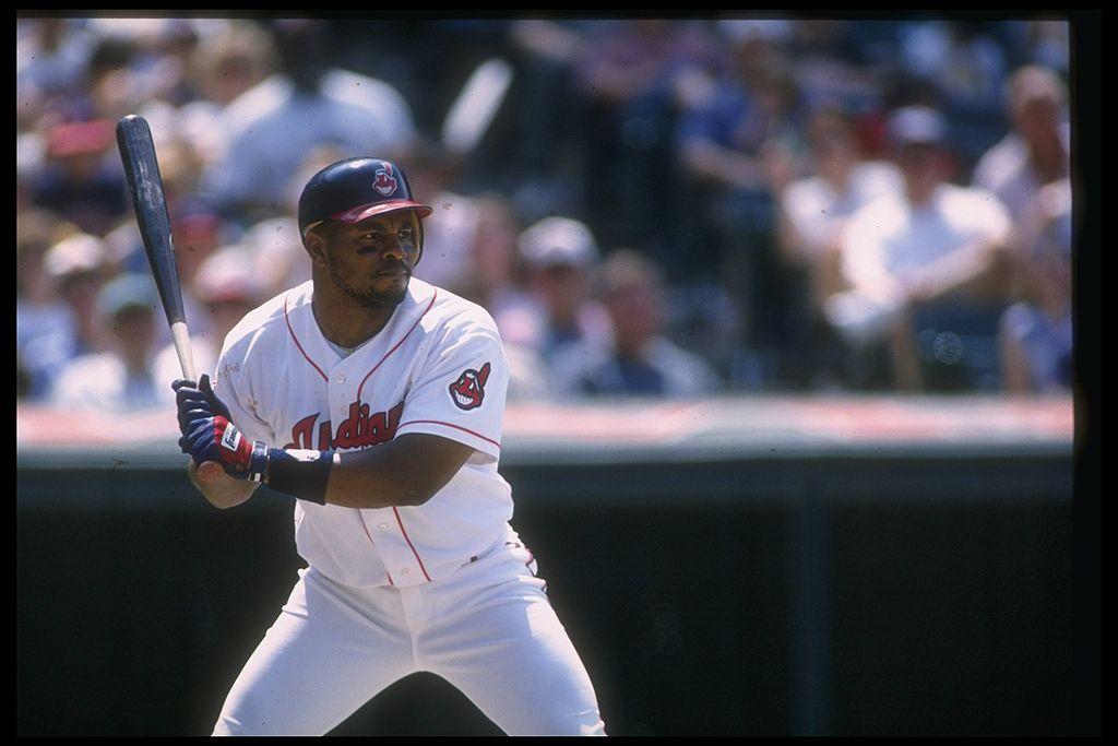 Outfielder Albert Belle of the Cleveland Indians prepares to swing.
